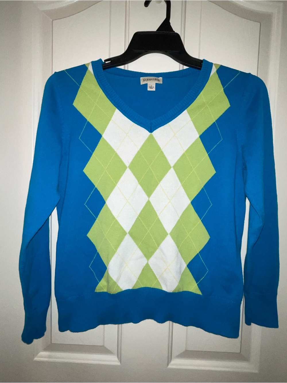 St. John's Bay Women’s L Teal Blue Argyle V-Neck Sweater 100% Cotton Preppy 80’s